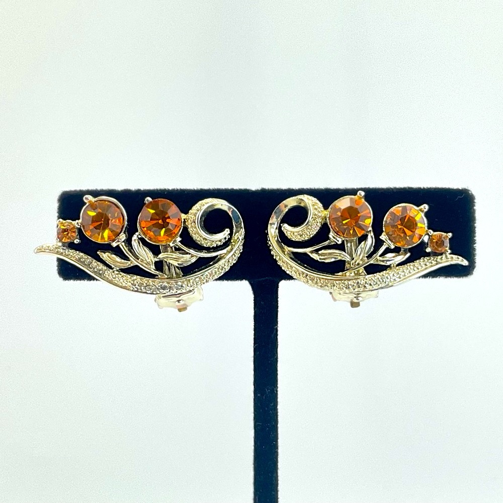 Vintage, Lisner Rhinestone Earrings, Topaz Crystals, Floral & Scroll Design, MCM